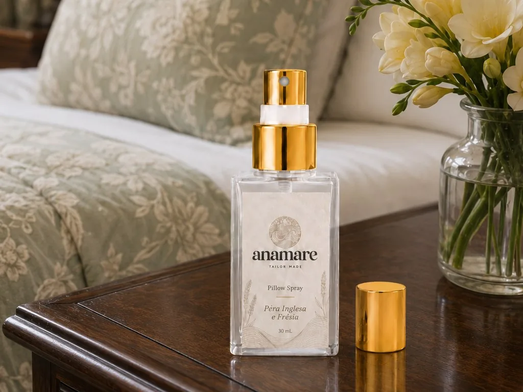Pillow spray Anamare 30 mL ao lado da cama