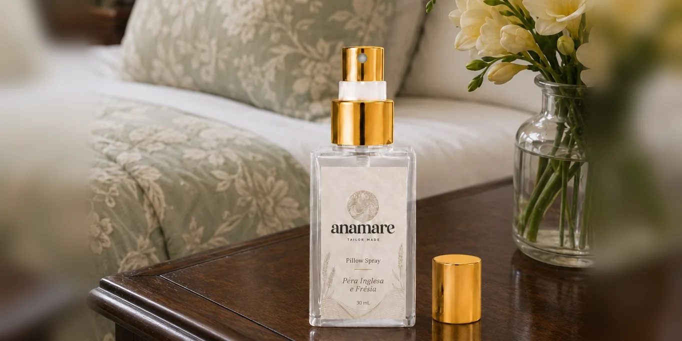 Pillow spray Anamare 30 mL ao lado da cama