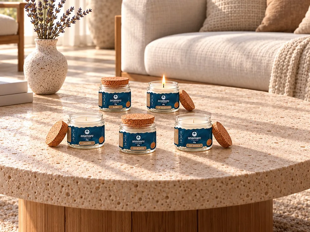 Kit com 5 velas Petit Anamare sobre a mesa de centro